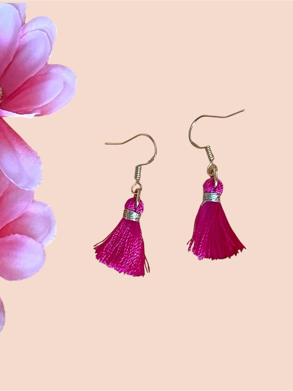 Elegant Pink Tassel Earrings gold over silver. Stamped .925